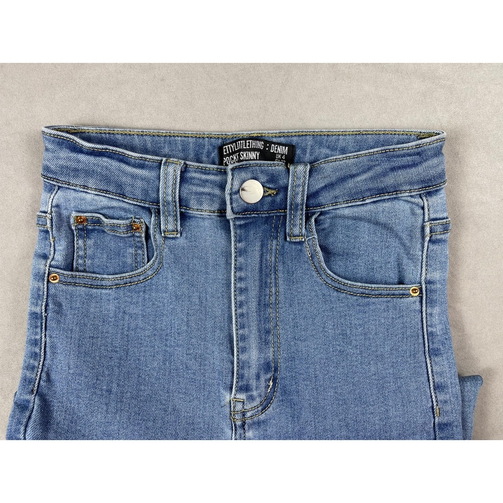 PrettyLittleThing High Waisted Ripped Knee Skinny‎ Jeans Blue Medium Wash US 0 - Picture 2 of 5